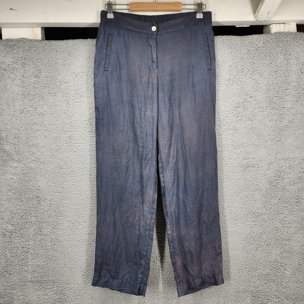Rosso35 Italy‎ Women 42 Blue Grey 100% Linen Straight Leg Trousers Pants